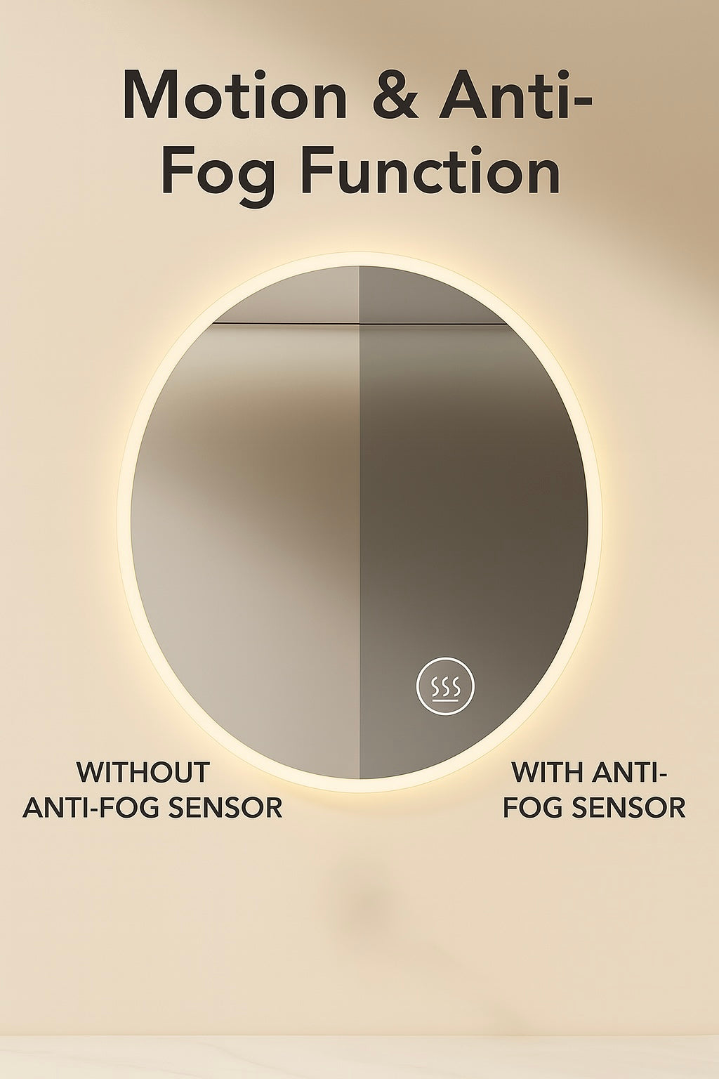 ROUNDED ANTI FOG MOTION SENSOR LED MIRROR 600MM DIAMETER