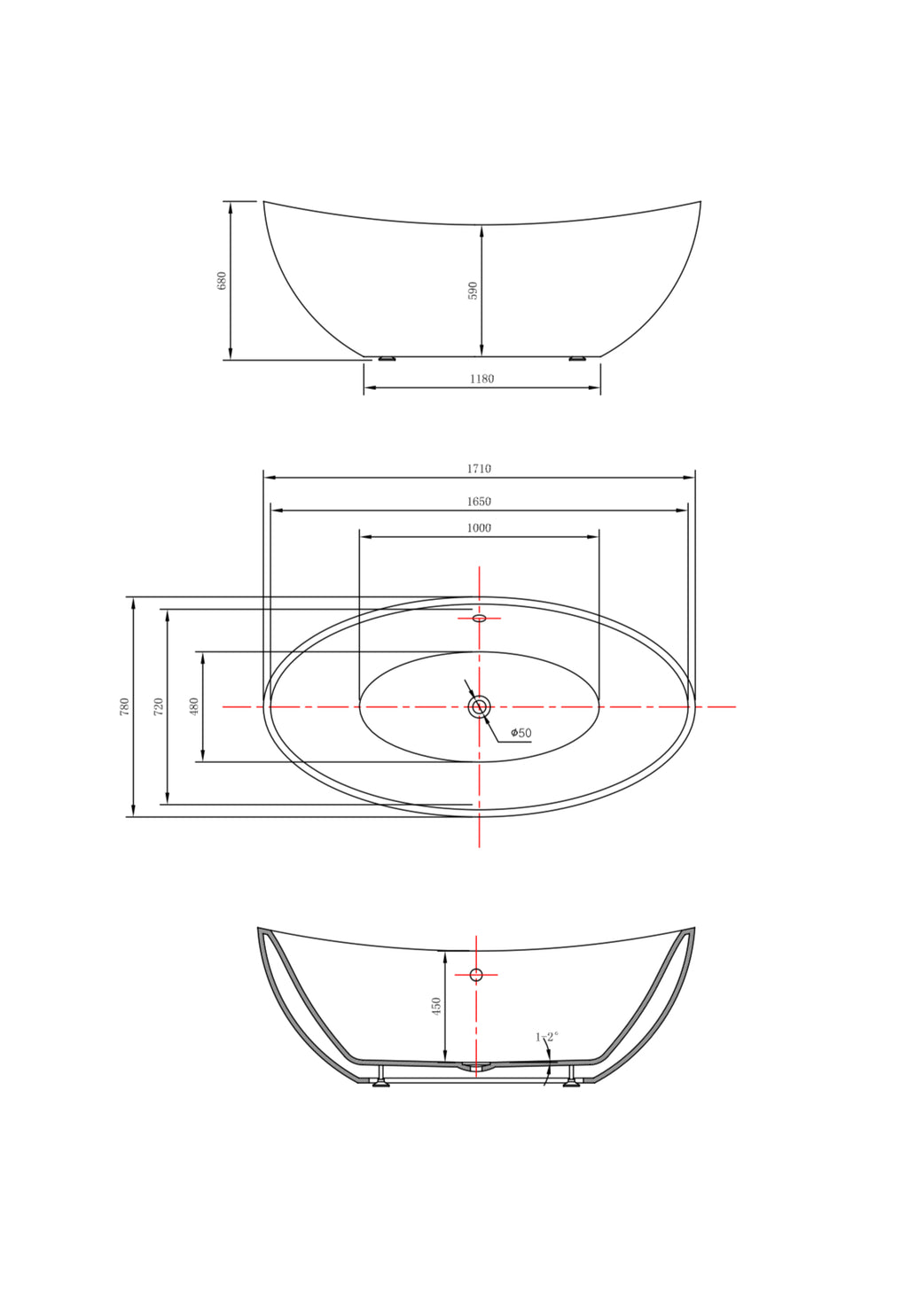 NOIR Freestanding Bathtub 1710MM X 780MM x 580MM