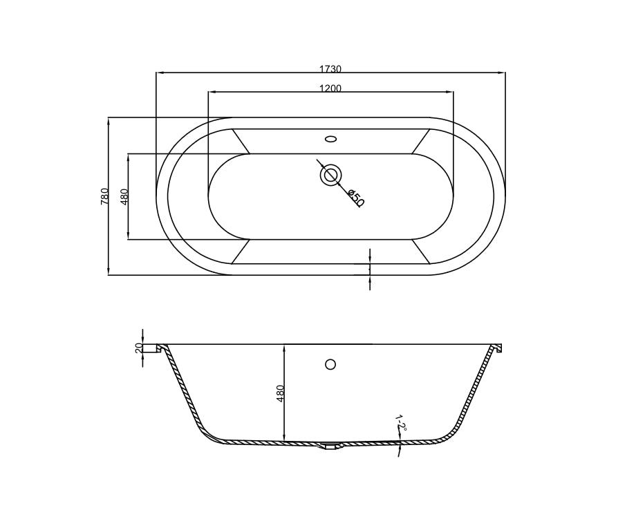 NATURA Drop in bathtub white oval style -1730MM X 780MM X 480MM ( excluding feet )