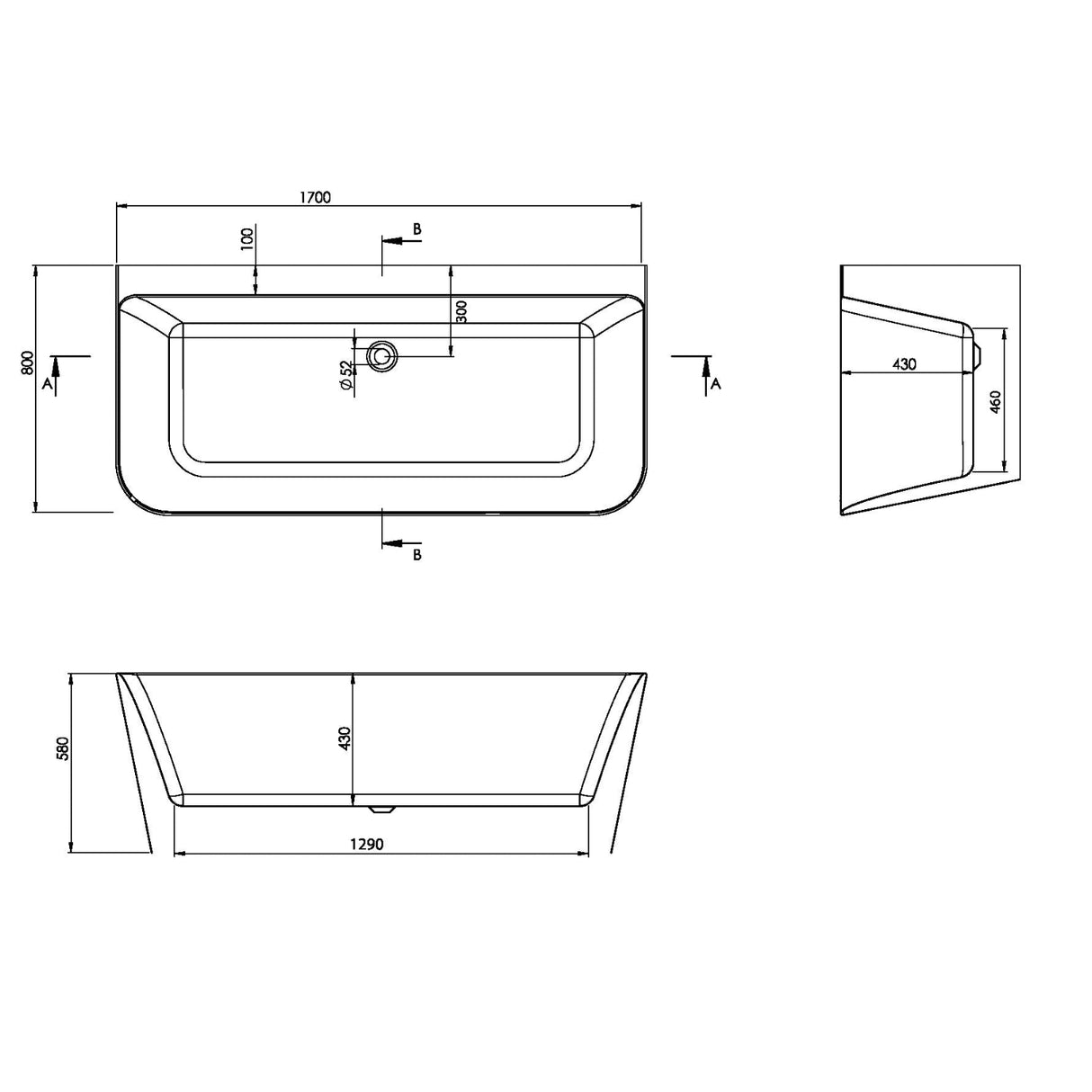 Porto Back-to-Wall Bath 1700mm