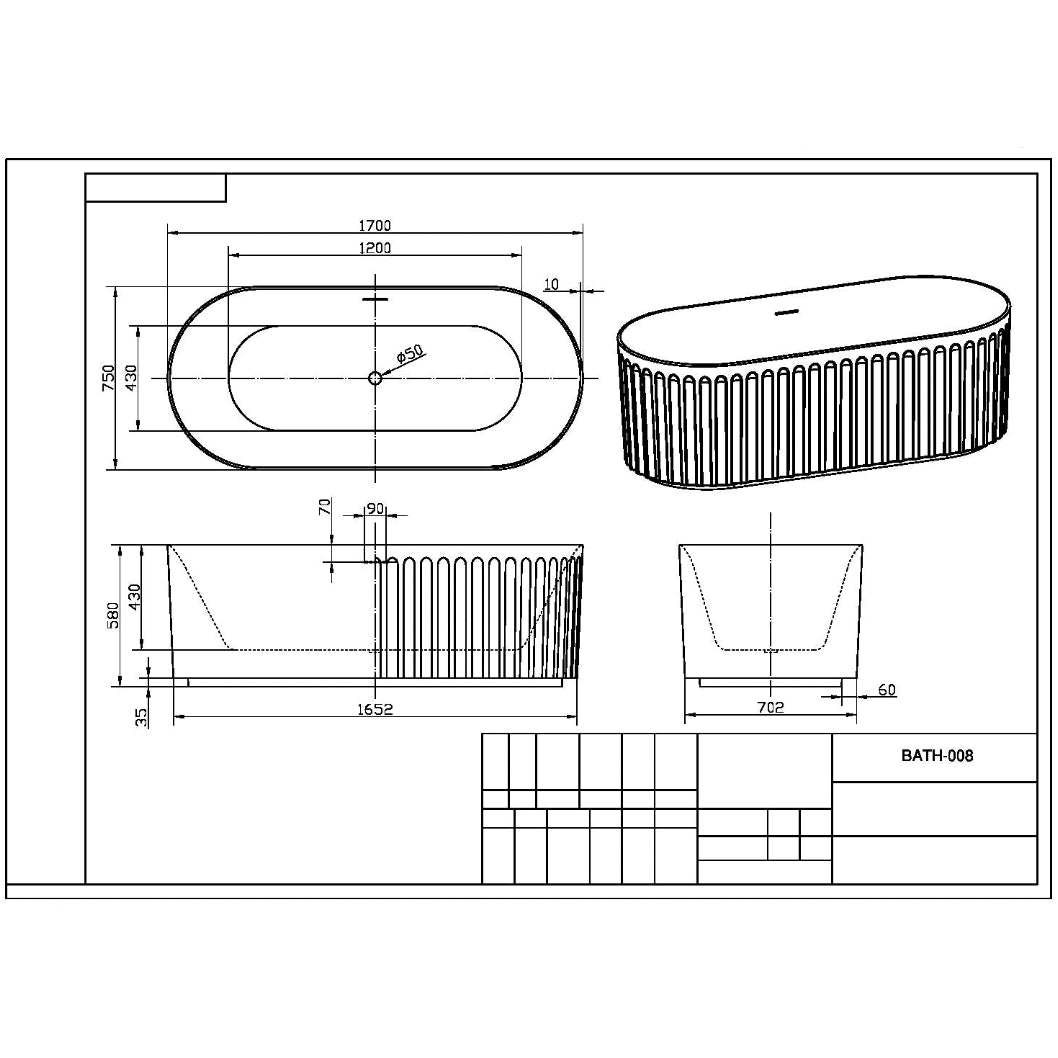 Lira Oval Fluted Bath 1700mm