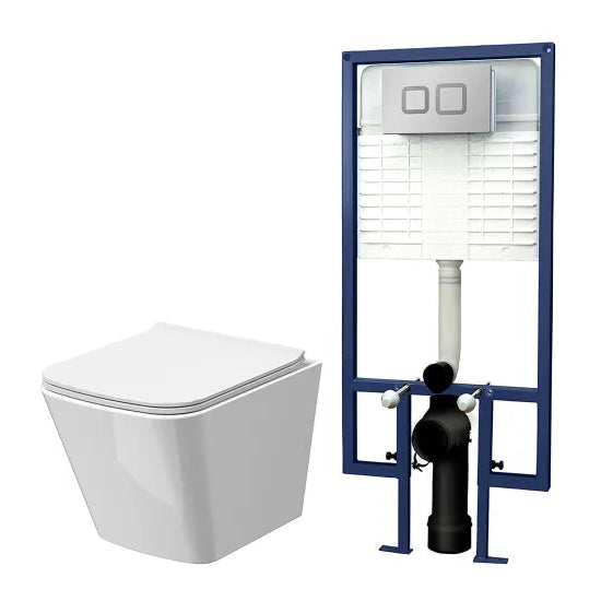 nuie Modern Square Wall Hung Toilet With Soft Close Seat & Concealed Cistern