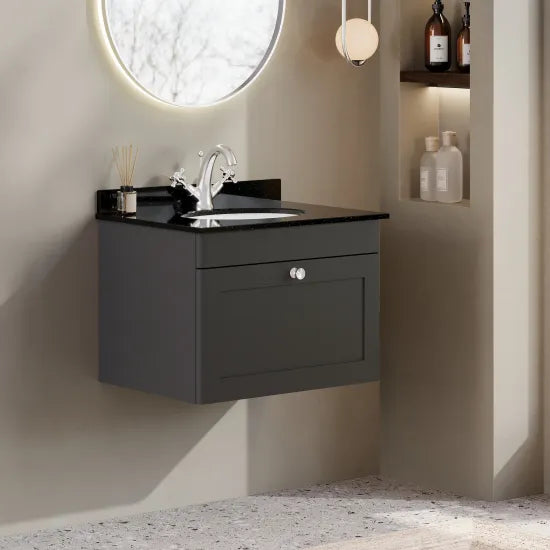 nuie Classique 1 Drawer Wall Hung Vanity Unit With 1 Tap Hole Marble Basin