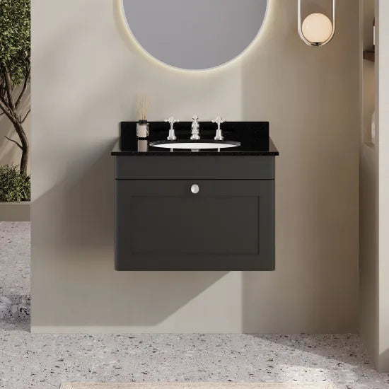 nuie Classique 1 Drawer Wall Hung Vanity Unit With 3 Tap Hole Marble Basin