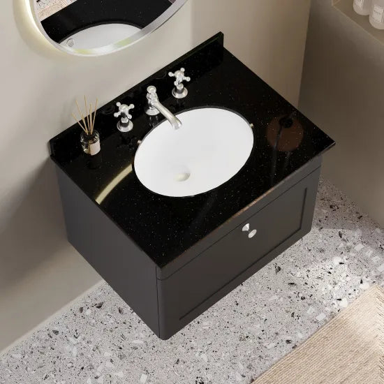 nuie Classique 1 Drawer Wall Hung Vanity Unit With 3 Tap Hole Marble Basin