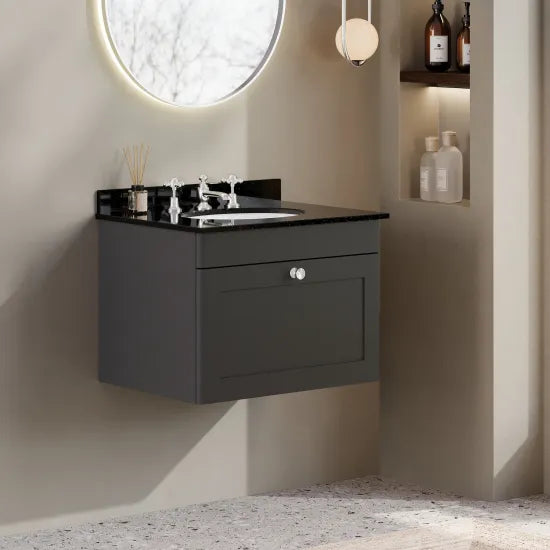 nuie Classique 1 Drawer Wall Hung Vanity Unit With 3 Tap Hole Marble Basin