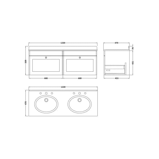 nuie Classique 1200mm 2 Drawer Wall Hung Vanity Unit With 6 Tap Hole Marble Basin