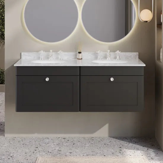 nuie Classique 1200mm 2 Drawer Wall Hung Vanity Unit With 6 Tap Hole Marble Basin
