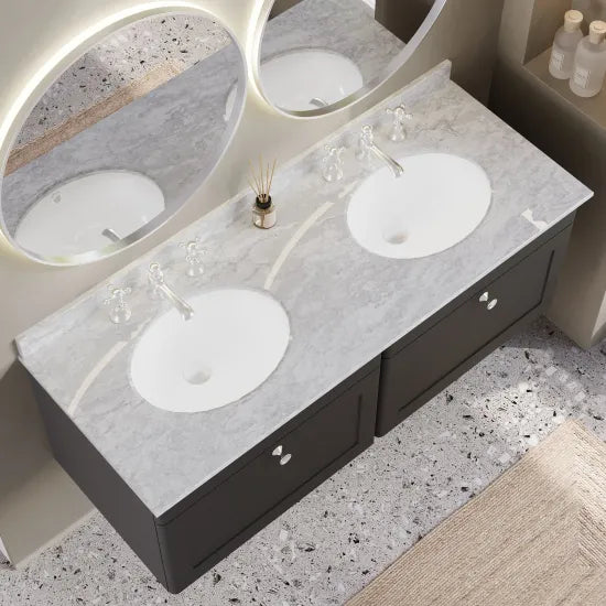 nuie Classique 1200mm 2 Drawer Wall Hung Vanity Unit With 6 Tap Hole Marble Basin