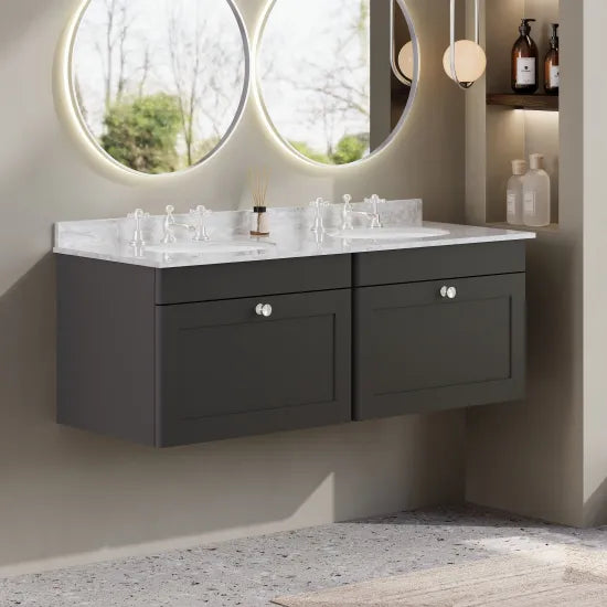 nuie Classique 1200mm 2 Drawer Wall Hung Vanity Unit With 6 Tap Hole Marble Basin