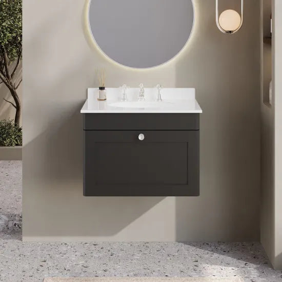 nuie Classique 1 Drawer Wall Hung Vanity Unit With 3 Tap Hole Marble Basin