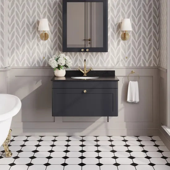nuie Classique 1 Drawer Wall Hung Vanity Unit With 1 Tap Hole Marble Basin