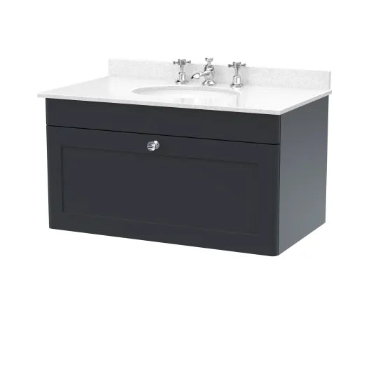 nuie Classique 1 Drawer Wall Hung Vanity Unit With 3 Tap Hole Marble Basin
