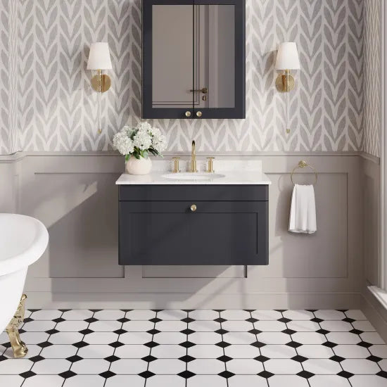 nuie Classique 1 Drawer Wall Hung Vanity Unit With 3 Tap Hole Marble Basin