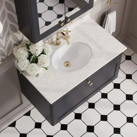 nuie Classique 1 Drawer Wall Hung Vanity Unit With 3 Tap Hole Marble Basin