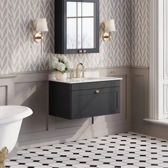 nuie Classique 1 Drawer Wall Hung Vanity Unit With 3 Tap Hole Marble Basin
