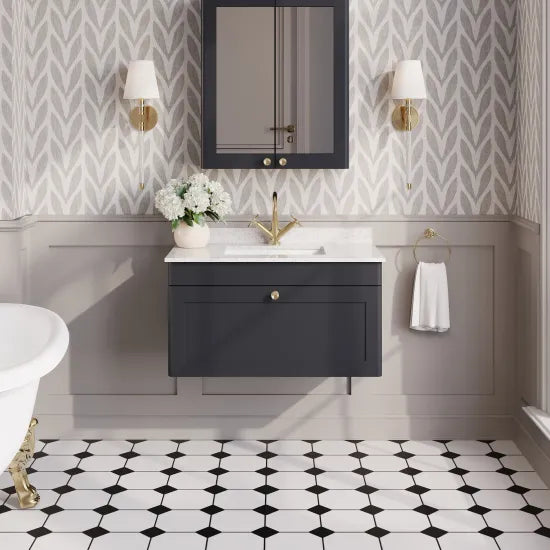 nuie Classique 1 Drawer Wall Hung Vanity Unit With 1 Tap Hole Marble Basin