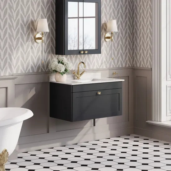 nuie Classique 1 Drawer Wall Hung Vanity Unit With 1 Tap Hole Marble Basin