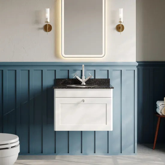 nuie Classique 1 Drawer Wall Hung Vanity Unit With 1 Tap Hole Marble Basin