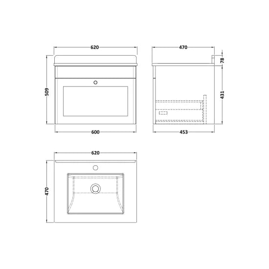 nuie Classique 1 Drawer Wall Hung Vanity Unit With 1 Tap Hole Marble Basin