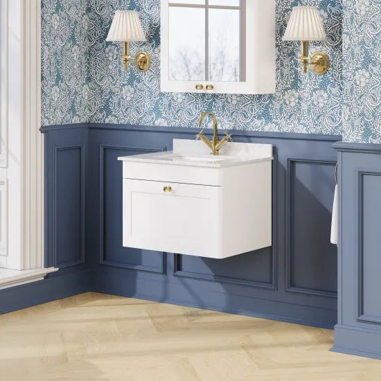 nuie Classique 1 Drawer Wall Hung Vanity Unit With 1 Tap Hole Marble Basin