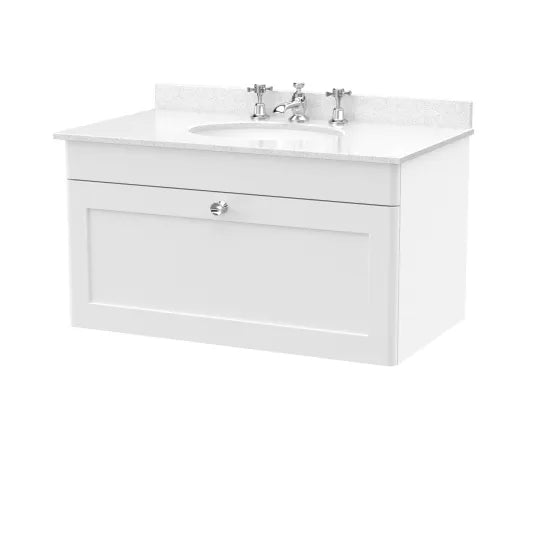 nuie Classique 1 Drawer Wall Hung Vanity Unit With 3 Tap Hole Marble Basin