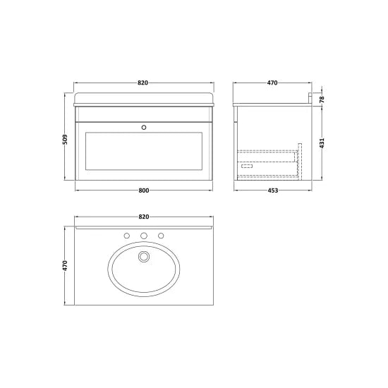 nuie Classique 1 Drawer Wall Hung Vanity Unit With 3 Tap Hole Marble Basin