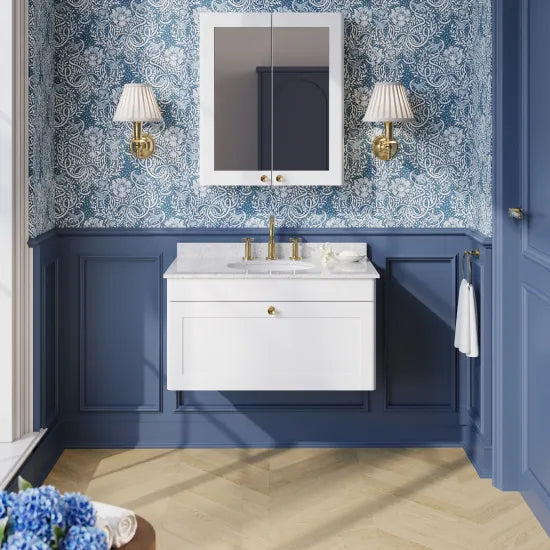 nuie Classique 1 Drawer Wall Hung Vanity Unit With 3 Tap Hole Marble Basin