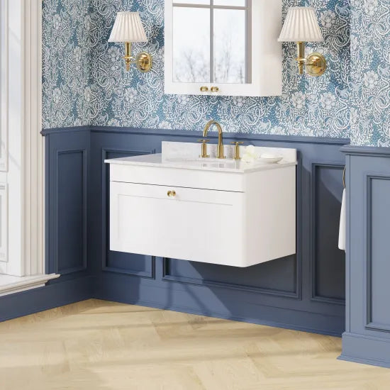 nuie Classique 1 Drawer Wall Hung Vanity Unit With 3 Tap Hole Marble Basin