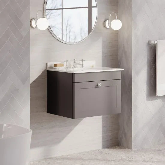 nuie Classique 1 Drawer Wall Hung Vanity Unit With 3 Tap Hole Marble Basin