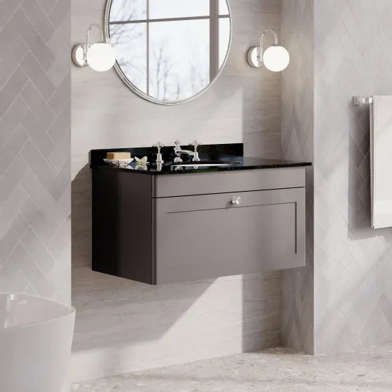 nuie Classique 1 Drawer Wall Hung Vanity Unit With 3 Tap Hole Marble Basin