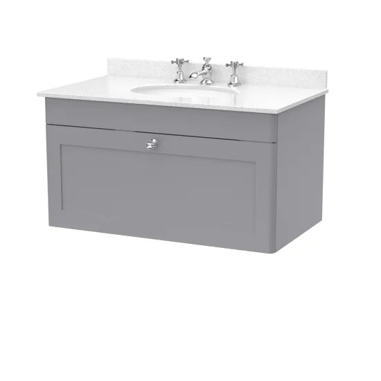 nuie Classique 1 Drawer Wall Hung Vanity Unit With 3 Tap Hole Marble Basin