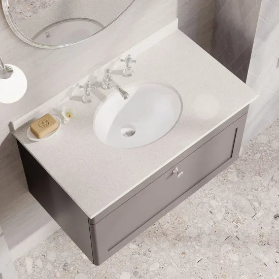 nuie Classique 1 Drawer Wall Hung Vanity Unit With 3 Tap Hole Marble Basin