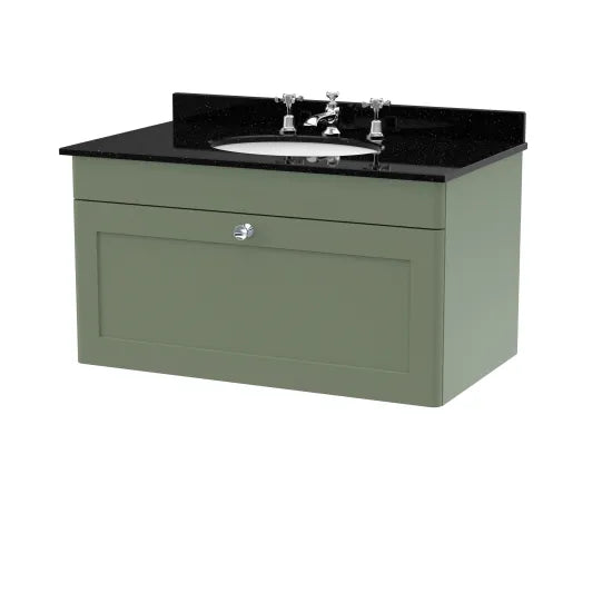 nuie Classique 1 Drawer Wall Hung Vanity Unit With 3 Tap Hole Marble Basin