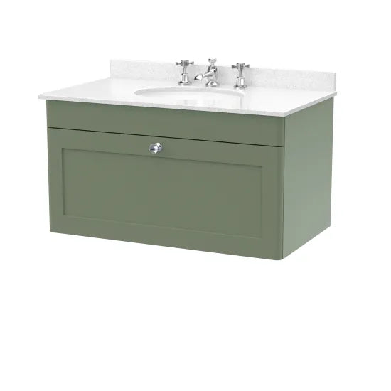 nuie Classique 1 Drawer Wall Hung Vanity Unit With 3 Tap Hole Marble Basin