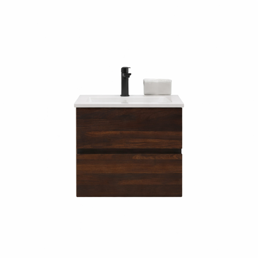 Silka walnut brown wall hung vanity unit inc basin 600mm