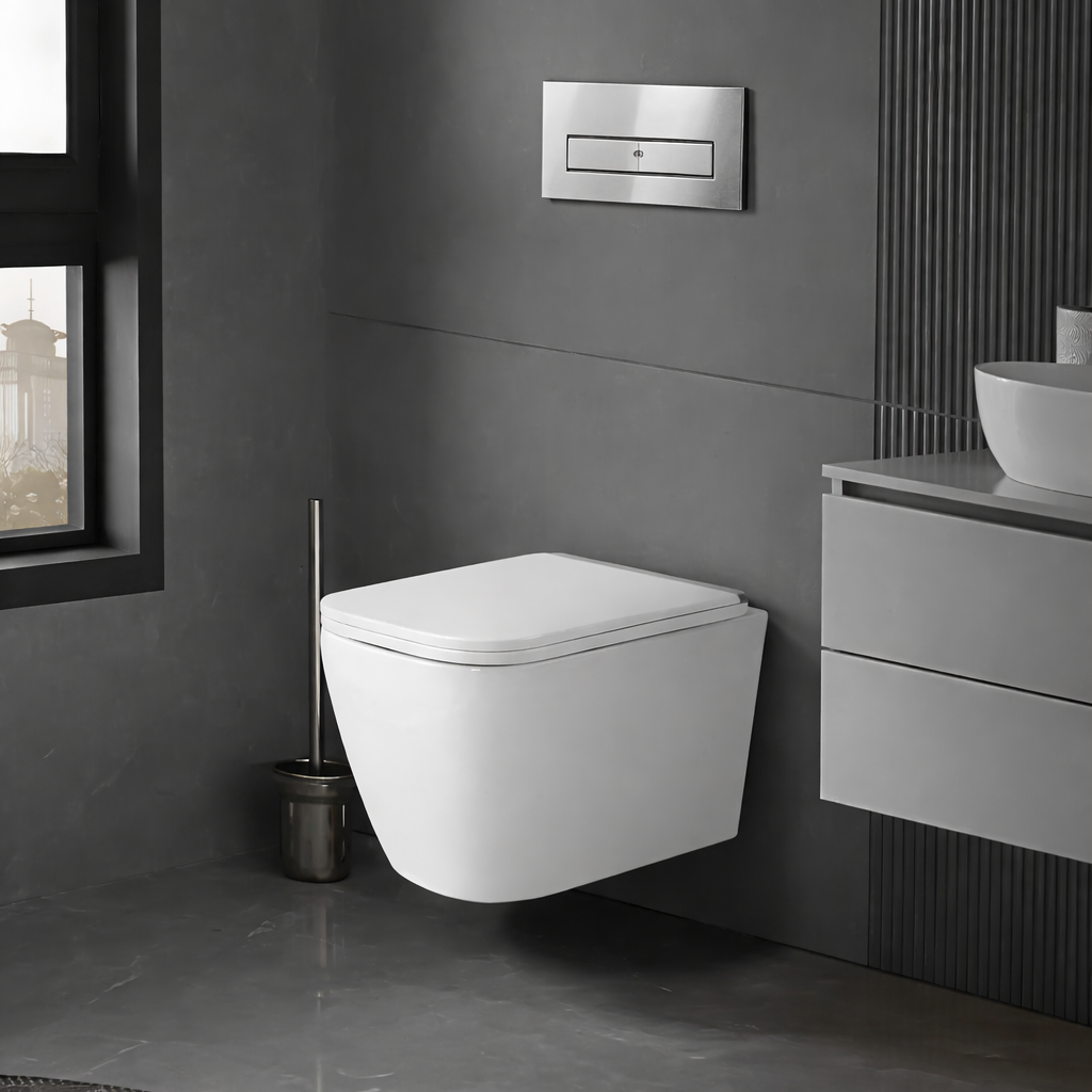 Savoy white wall hung rimless toilet chrome accent