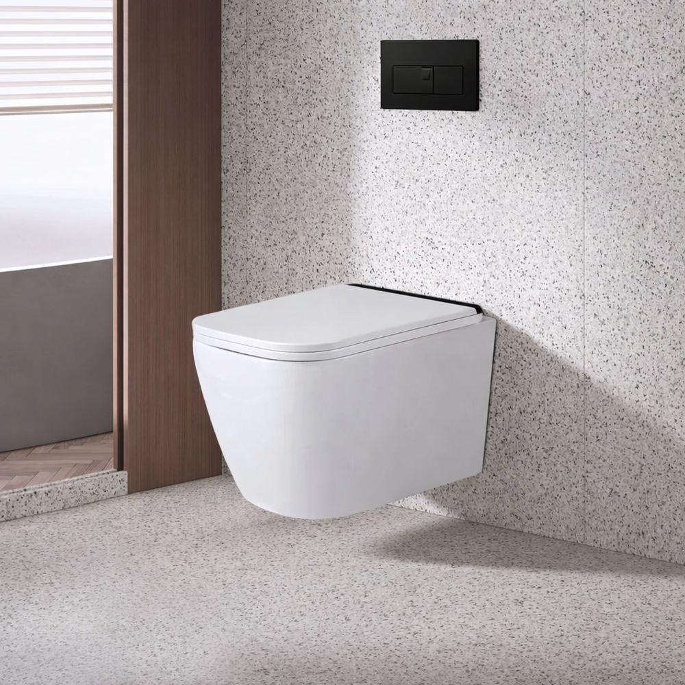 Savoy white wall hung rimless toilet matte black accent