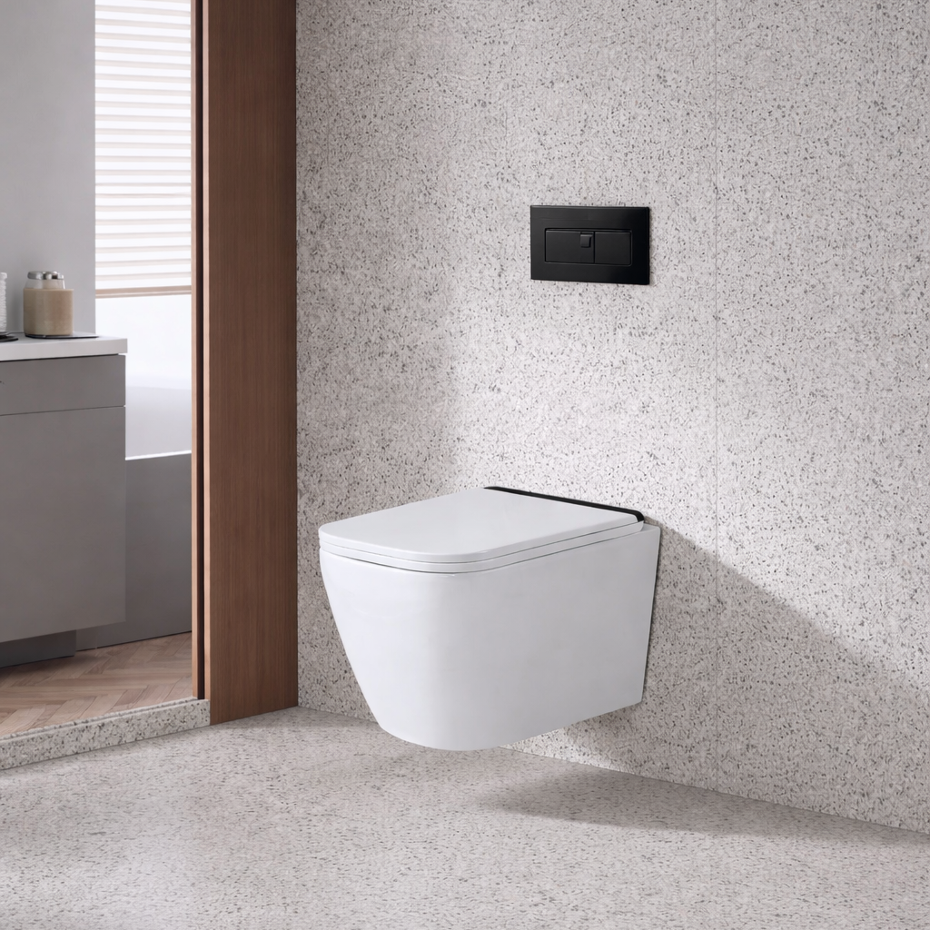 Savoy white wall hung rimless toilet matte black accent