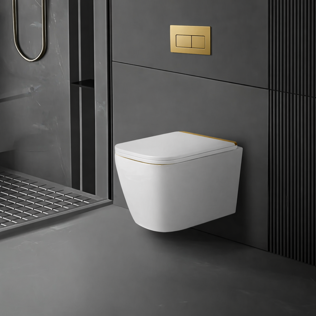 savoy white wall hung rimless toilet gold accent