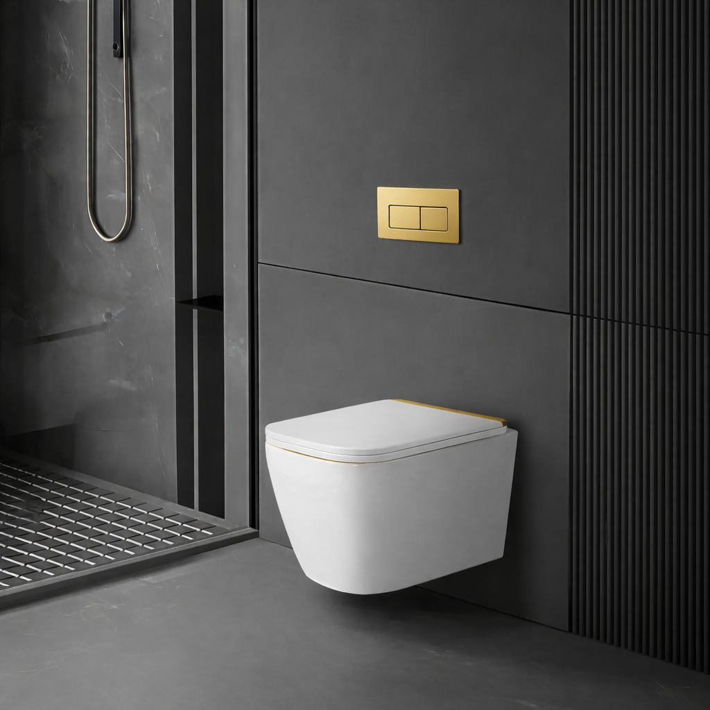 savoy white wall hung rimless toilet gold accent