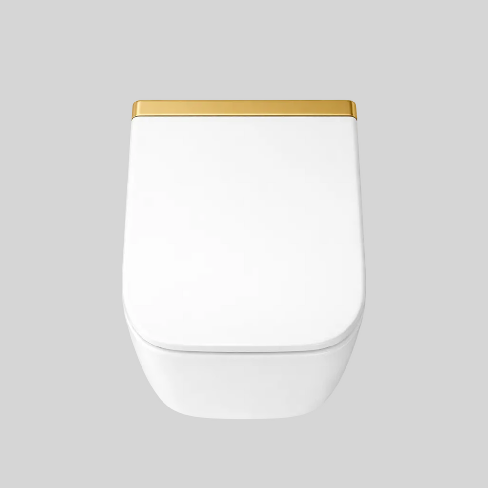 savoy white wall hung rimless toilet gold accent