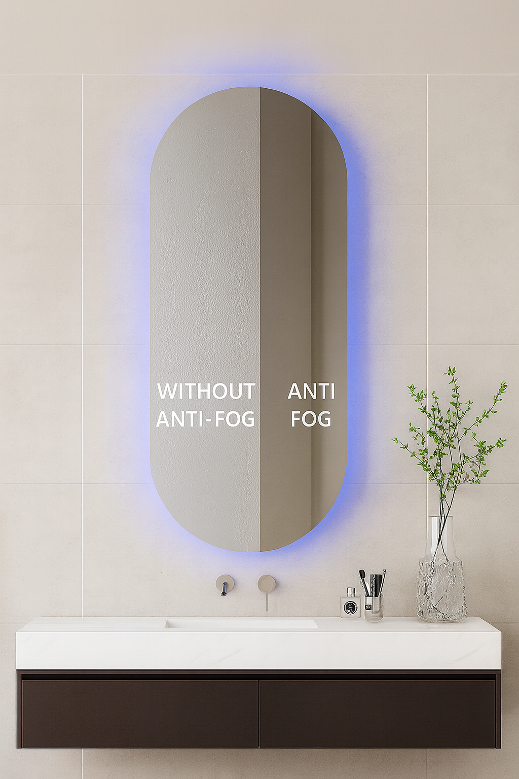 SLIM VERTICAL OVAL LED ANTI FOG SENSOR MOTION MIRROR 500MM X 800MM