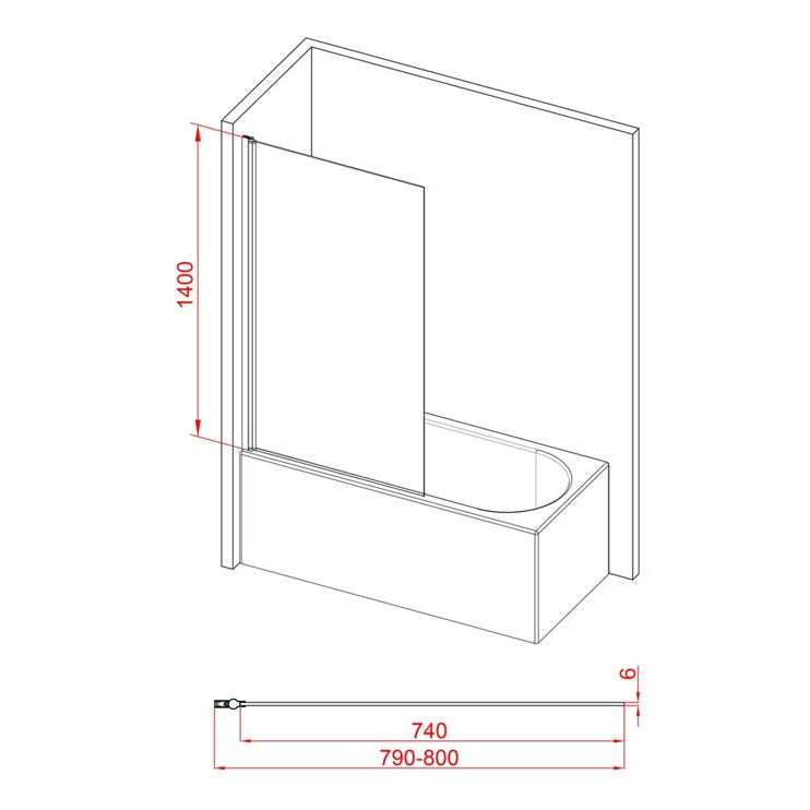 800x1400mm Square Bath Screen (6mm)
