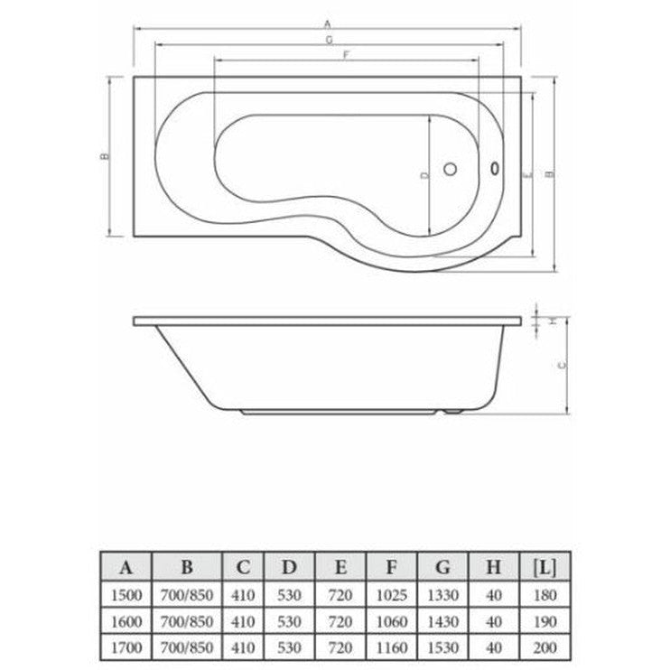 P-Shape 1700x700-850x410mm 0TH Shower Bath, Panel & Screen