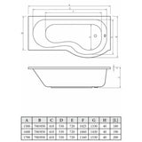 P-Shape 1700x700-850x410mm 0TH Shower Bath, Panel & Screen