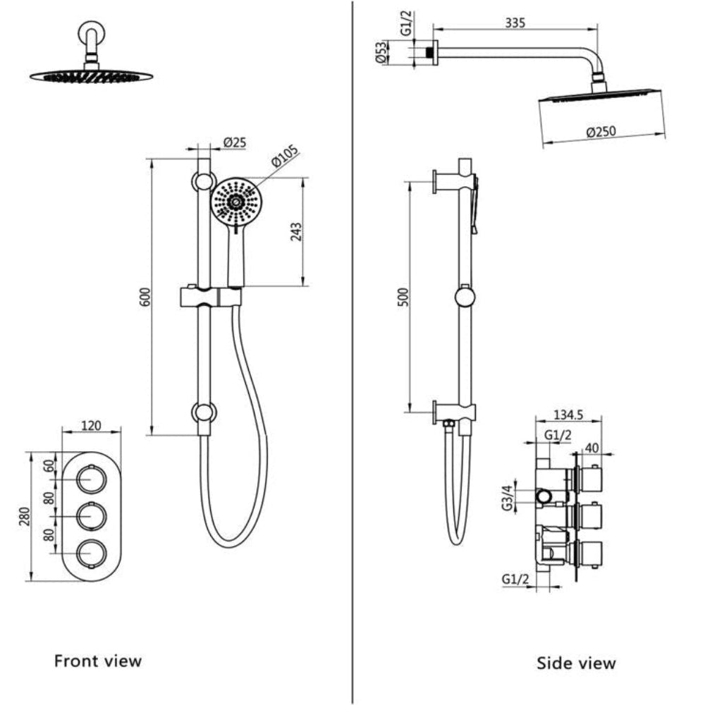 Two Outlet Thermostatic Shower Pack - 3 valve control - hand rail