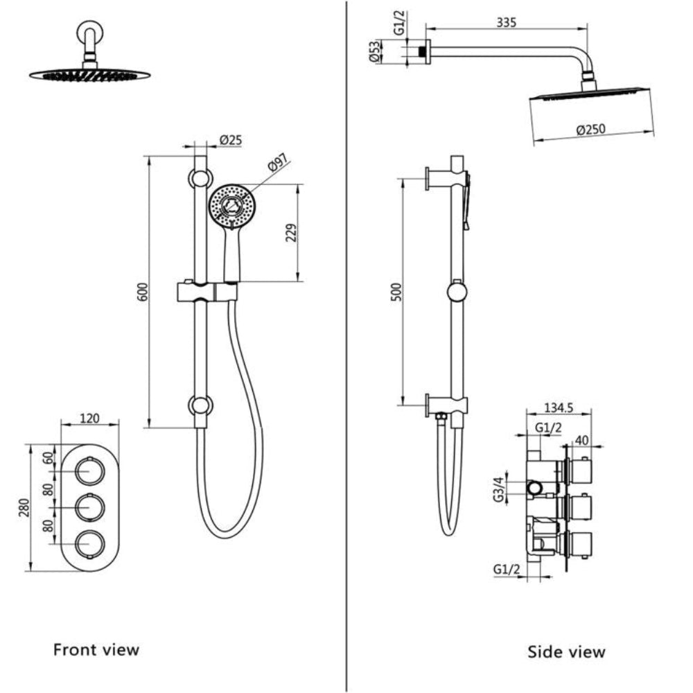 Two Outlet Thermostatic Shower Pack - 3 valve control - hand rail