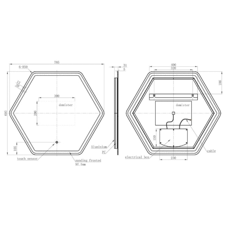 Togo 785x693mm Hexagonal LED Mirror