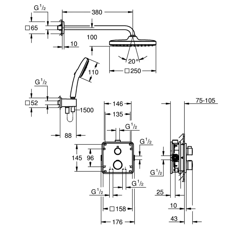 Grohe GrohTherm THM Square Concealed 2 Function Shower System 250